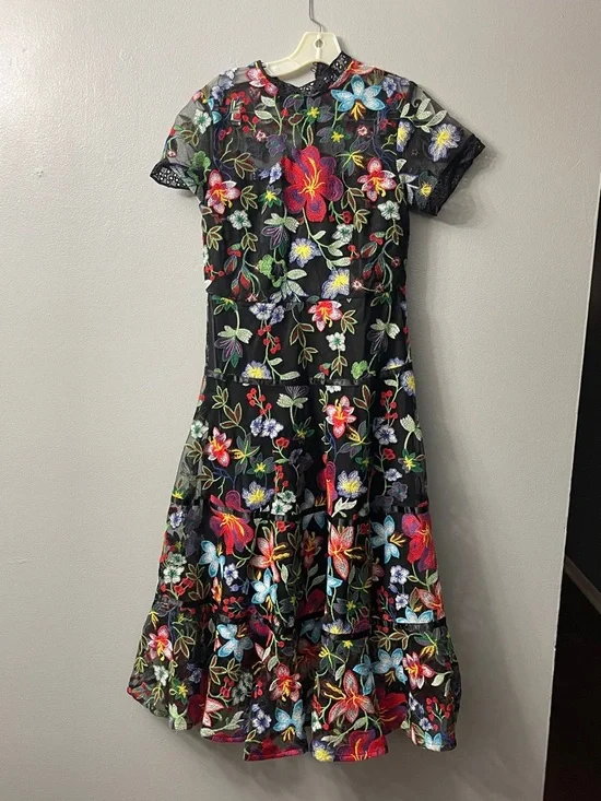 Anthropologie Janine Embroidered Dress features a high neck, sheer cap sleeves 6 - Picture 2 of 9